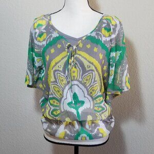 INC International Concepts Tops XS Gray Yellow Green Floral Short Sleeve Shirt
